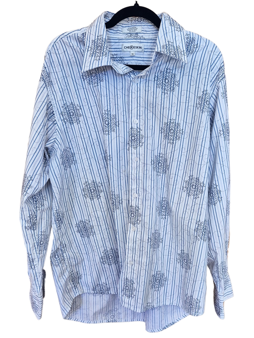 ChereSkin Blue White Striped Floral Button Down Shirt XL Long Sleeve Men’s